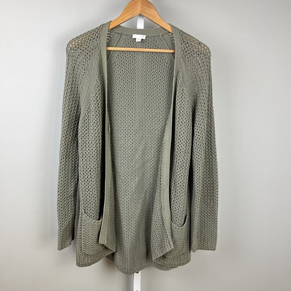 J. Jill Open Front Cardigan Sweater Womens Medium Green Open Knit Cotton Blend - Picture 1 of 7